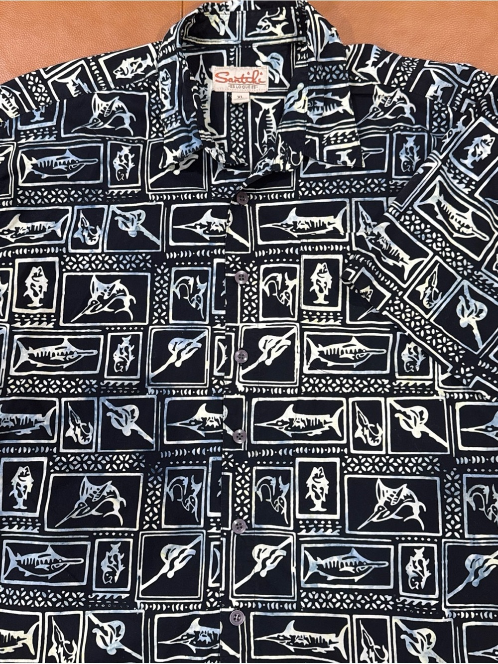Santiki Resort Wear Hawaiian Shirt Men’s XL Black Cream Fish Print Button Front